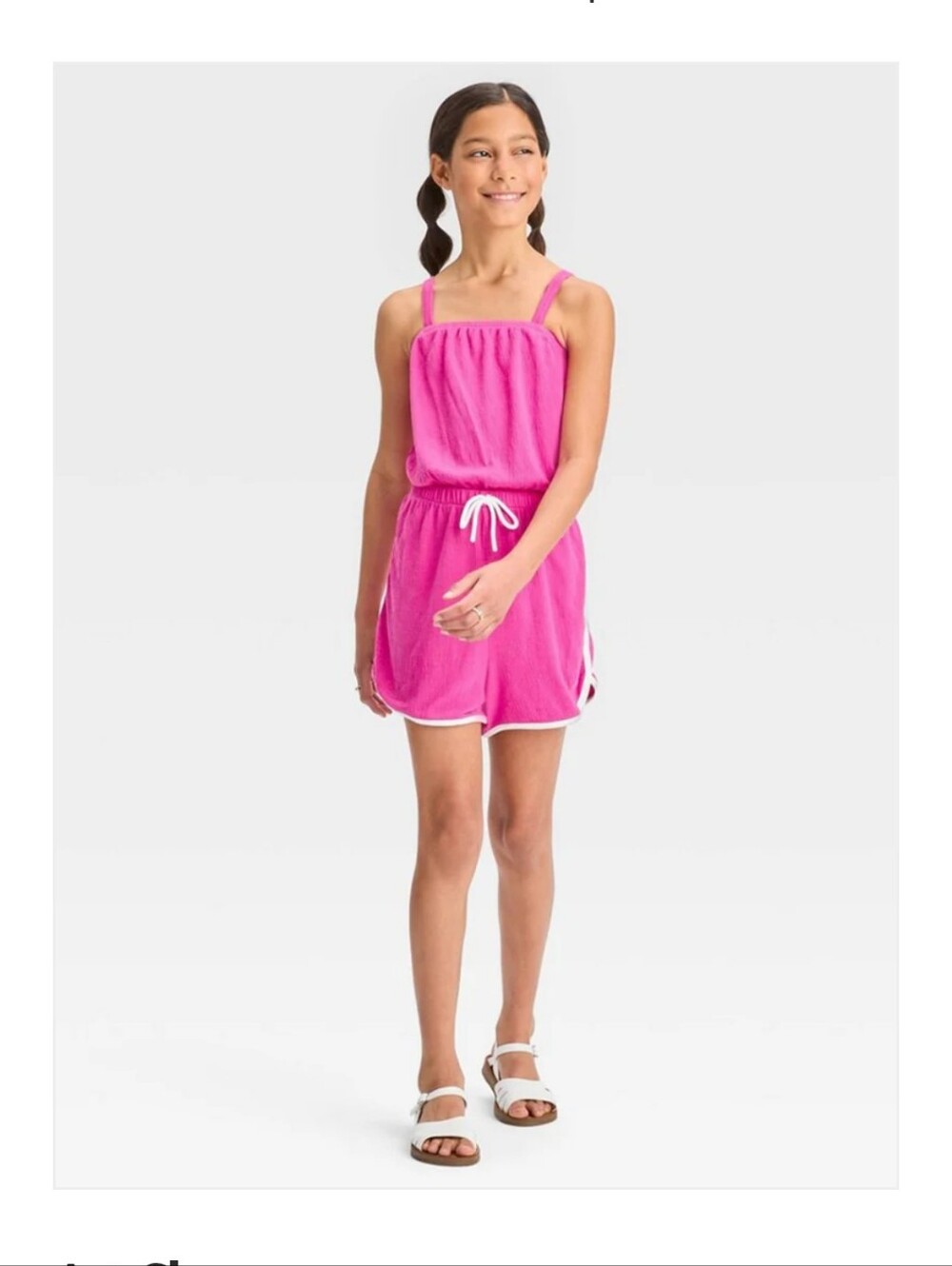 art Class Girls Bright Pink Terry Romper with White Trim